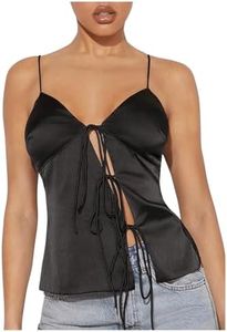 OYOANGLE Women's Satin Tie Front Cami Top V Neck Spaghetti Strap Camisole Party Going Out Tops Black Medium