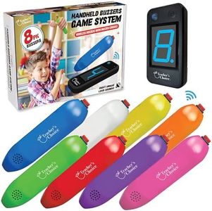 Teacher's Choice 8 Player Wireless Handheld Game Buzzer System - Displays First Buzz-in - Great for Jeopardy, Family Feud, Trivia and Buzzer Games - Console with 8 Joystick Buzzers, 8 Unique Sounds