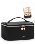 Prite Large Makeup Bag for Women Travel Cosmetic Case Waterproof PU Leather Toiletry Bag Portable Make Up Organiser with Handle and Removable Divider (Black)