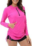 Halcurt Women's UPF 50+ Rash Guard Half Zip Drawstring Long Sleeves Swimsuit Top, Neon Pink, Large