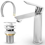 MSC Bathroom Sink Tap with Single Lever Design - Premium Chrome Basin Taps Single Hole with Waterfall Round Mixers, Cloakroom Brass and Supply Hose, Elegant Faucet Set for Bathroom Taps SilvTap