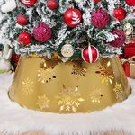 Lewondr Metal Christmas Tree Collar, 3D Hollow Snowflake Pattern Christmas Tree Skirt with Star-Shaped LED String Lights, 29 Inch Diameter Decorative Xmas Tree Ring Stand Base Cover, Gold