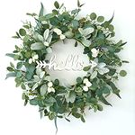 TOKCARE 22 Inch Eucalyptus Wreath with Hello Sign, Spring Summer Wreaths for Front Door Green Winter Wreaths for Front Door Windows,Porch,Fireplace,Indoors and Outdoor Home Decoration