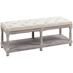 HOMCOM 2-Tier Bed End Bench, Vintage Stool, Wooden Window Seat with Storage Shelf, Button Tufted Upholstered Footstool for Living Room, Bedroom, Entryway, Cream White