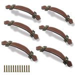 Seimneire 6pcs Surface Leather Furniture Handle, 6.3" Retro Style Leather Handle Pull Handle for Drawer/Cabinet/PU Suitcase - Brown