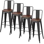 Warmiehomy Bar Stools Set of 4 Tall Industrial Vintage Bar Chairs Metal Frame and Solid Wood Seat with Backrest for Kitchen Dining Room Pub Cafe Bistro, Black