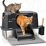PetCove Stainless Steel Cat Litter Box with Lid - XL Enclosed Metal Design - Extra Large High Sides for Indoor Use - Steel Litter Box with Deodorization System - Covered for Odor Control - Back