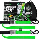 Rhino USA Motorcycle Tie Down Straps (2 Pack) Lab Inspected 3,328lb Break Strength, Steel Cambuckle Tiedown Set with Integrated Soft Loops - Better Than a Ratchet Strap (Green 2-Pack)