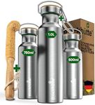 Blockhütte Stainless Steel Water Bottle I 1L I Insulated Metal Flask, BPA Free, Leakproof, Dishwasher Safe, Ideal for Gym, Travel, Home Use, Cold Drinks, Reusable, with Natural Cleaning Brush