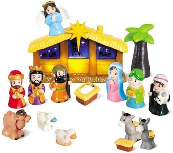 HOTFUN Lighted Nativity Set for Kids, Christmas Story Nativity Playset Figures, 17 Pcs Childrens Nativity Set with Baby Jesus Mary Joseph & Manger, Little Nativity Scene for Preschool Boys Girls