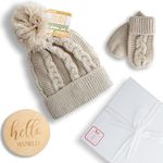 The Simply Kind Shop Newborn Baby Gift, Small Eco-Conscious Gift Box with Cute 100% Eco-Recycled Knitted Hat & Mittens Set & Wooden Hello World Keepsake, Neutral Colour, Biscuit