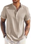 COOFANDY Men's Casual Henley Shirt Short Sleeve Band Collar Linen Shirt Summer Beach Hippie T-Shirts Khaki