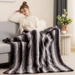 Bearhug Heated Throw Blanket, 50”×60” Electric Throw, Gift Box, Grey Strip Patterns Faux Fur & Warm Sherpa, 4 Hours Auto-Off Timer&6 Heating Levels, Machine Washable, 5-Year Warranty,10ft Long Cord