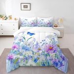 Castle Fairy Watercolor Floral Comforter Set Blue and Purple Bedding Set for Kids Girls Women Adults Butterfly Comforter Garden Theme Quilted Duvet Set Bedroom Collection Twin Pink 2Pcs