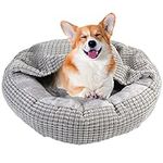 Covered Dog Bed,23'' Cozy Cave Dog Bed with Blanket Attached,Burrow Dog Bed with Cover Cave,Hooded Donut Pet Cuddler Anxiety Calming Bed,Washable Warm Fluffy Orthopedic Round Bed for Indoor Puppy Cat