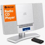 Denver Radio CD Player With Speakers, Wall Mounted or Desktop Stand Small Mains Operated Alarm Clock Radio Boombox Home Audio CD Player with Remote Control - Silver