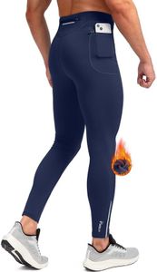 Pudolla Men's Thermal Running Tights with 3 Zipper Pockets Workout Compression Leggings Cycling Pants for Men Hiking Jogging, Navy, Medium