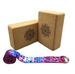 Aozora Cork Yoga Block Sustainable & Eco Friendly 2 Pack and Yoga Strap Set Made of The Finest Natural Cork for Better Support, Balance & Comfort (Mandala, 9 * 6 * 3 （2pack）)