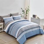 KAKIJUMN 7 Piece Bed in a Bag Stripe Comforter Set King Size, White Grey Blue Patchwork Striped Comforter and Sheet Set, All Season Soft Microfiber Complete Bedding Set(Light Blue,King)