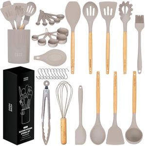 Home Hero 33 Pcs Kitchen Cooking Utensils Set, Non-Stick Silicone Cooking Kitchen Utensils Spatula Set with Holder, Wooden Handle Silicone Kitchen Gadgets Utensil Set (33 Pcs - Khaki)