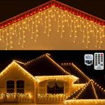 CERIAL 20M Icicle Lights Christmas Outdoor Curtain Fairy Lights Mains Powered Outside Ice Eaves Lights with 108 Drops for Xmas Gazebo Balcony Decorations, Warm White