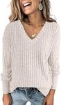 ANRABESS Womens V Neck Sweaters Long Sleeve Shirts Loose Fit Casual 2024 Fall Fashion Lightweight Pullover Tunic Tops Outfits Beige Large