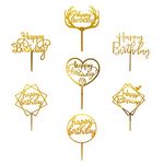 Happy Birthday Cake Toppers,7 pcs Acrylic Cake Toppers Cupcake Toppers Cake Decorations Party Supplies,for Children Adults Cake Desserts Pastries, 7 Styles (Gold)