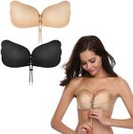 SANZHENG Sticky Bra 2 Pairs Strapless Backless Adhesive Invisible Lift up Push up Bra，Reusable Silicone Self-Adhesive Bra (Beige and Black, C)