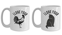 I Love Your Cock and Pussy Mugs - Cute Rooster and Cat Couple Gift Set - Funny Inappropriate Gag Gifts for Men Women