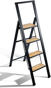 Step Ladder 4 Step Folding, Decorative - Beautiful Bamboo & Black Aluminum, Ultra Slim Profile, Anti Slip Steps, Sturdy-Portable for Home, Office, Kitchen, Photography Use,by SORFEY