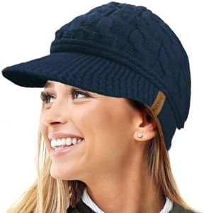TOSKATOK Ladies Peaked Cable Knit Warm R80 Teddy Fleece Lined Beanie Winter Hat Cap-Navy