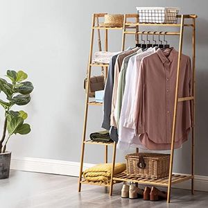 Furb Bamboo Clothes Hanging Rack, Garment Rack with Shelves, Open Wardrobe with Shelves, Clothing Rack with Shelves (80x40x140cm-Natural)