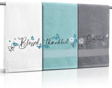 Ovveroche 3 Pack Blessed Thankful Grateful Embroidered Cotton Hand Towels 13x30 Inch Rustic Farmhouse Bathroom Decor Soft Absorbent Towel Set for Kitchen Gift White Grey Teal