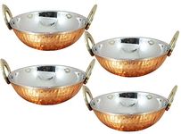 Avs Stores Set of 4, Indian Copper Serveware Karahi Vegetable Dinner Bowl with Solid Brass Handle for Indian Food, Diameter- 13 Cm (5.2 Inches)