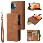 RANYOK Wallet Case for iPhone 14 [6.1 inch] with RFID Blocking Credit Card Holder, Premium PU Leather [Zipper Pocket] Flip Folio Case Wallet with Wrist Strap Kickstand Protective Case (Brown)