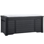 DWVO Large Deck Box 120 Gallon Waterproof Outdoor Storage Box w/White Cushion, Extra Large Louvered Outdoor Storage Bin for Outdoor Pillows, Garden Tools and Pool Supplies, Resin, Lockable, Black