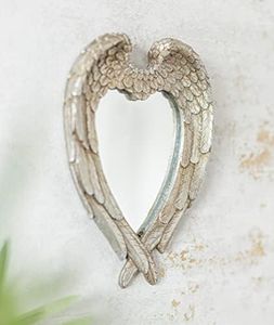 HomeZone Specchietti da parete con ali d'angelo a forma di cuore, stile vintage, stile shabby chic, a forma di cuore, arrotondato, montaggio a parete, decorazione per la casa (piccole ali d'angelo)