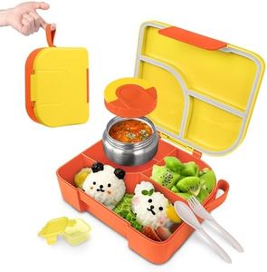 TinyPalsa Bento Box for Kids, 3 Compartment Kids Lunch Box with 10oz Leak Proof Thermos Food Jar, Easy-Open Latch, Dishwasher Safe, Ideal for School, Daycare, Travel with Portable Handle (Orange)