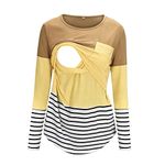 AMhomely UK Stock Clearance Maternity Round Neck Stripe Patchwork Long Sleeve Breast Feeding Pregnant Woman Nursing Blouse Tops T-Shirt, Yellow 2, XL