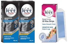 Veet Hair Removal Cream for Men, Sensitive Skin, 50g Each (Pack of 2) & Full Body Waxing Strips Kit For Sensitive Skin (20 Strips)