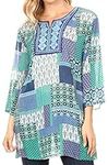 Sakkas 19925 - Matia Women's Casual Summer Cotton Long Sleeve Print Loose Tunic Top Blouse - 19923-blue - S/M