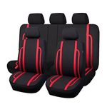 Flying Banner Universal Polyester Car Seat Covers Vertical Bar Splicing Design Airbag Compatible Protector (Full Set, Black and Red)