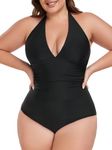 Ocean Blues Women's Black Plus Size One Piece Swimsuit Vneckine Bathing Suit Tummy Control Swimwear Size Large