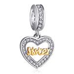 Dangle 18K Golden Sister Charms fits Pandora Mothers Day Bracelets, 925 Sterling Silver Heart Shape Necklace Pendant Pave Sparking CZ Birthstone Beads, for Birthday/Daughter/Girls Gifts