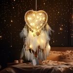 Kikuo Dream Catcher Girls, Hollow-Out Heart Dreamcatcher with Led String Lights, Handmade Dream Catchers Feather Bead Wall Hanging, Feather Dream Catcher for Bedroom Wedding Decoration Craft Gift