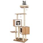 COSTWAY Wood Cat Tree, 163cm Modern Cats Climbing Tower with Sisal Covered Scratching Posts, Washable Plush Cushions, Indoor Kitten Activity Furniture Play House