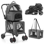 COSTWAY Double Pet Stroller, Folding Dog Travel Pushchair with 2 Detachable Carriers, Safety Belt, Washable Cover, Removable Pads, 4 Wheels Strollers for Small Medium Dogs Cats (Grey)