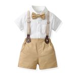 Toddler Baby Boy Suspender Outfit Short Sleeve Button Down Shirt + Shorts 2PCS Little Gentleman Summer Clothes Set (6-12 Months, Solid-White and Beige)