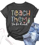 MOUSYA Teacher Shirt for Women Teach Them to Be Kind Shirt Funny Letter Print Colorful Leopard Pattern Teacher Life Shirt, Grey, Large