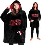 Stranger Things Hoodie Oversized Poncho for Adults Teenagers - Warm Fleece Blanket Hoodie Official Merchandise (Black/Red), Black/Red, One size